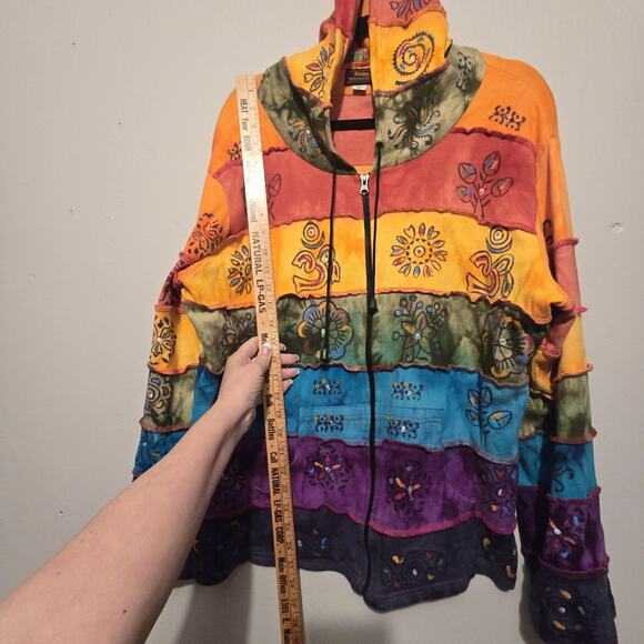 Rising Int'l Rainbow Floral Patchwork Hoodie Sweatshirt Womens XL Hippie Boho - Picture 7 of 9